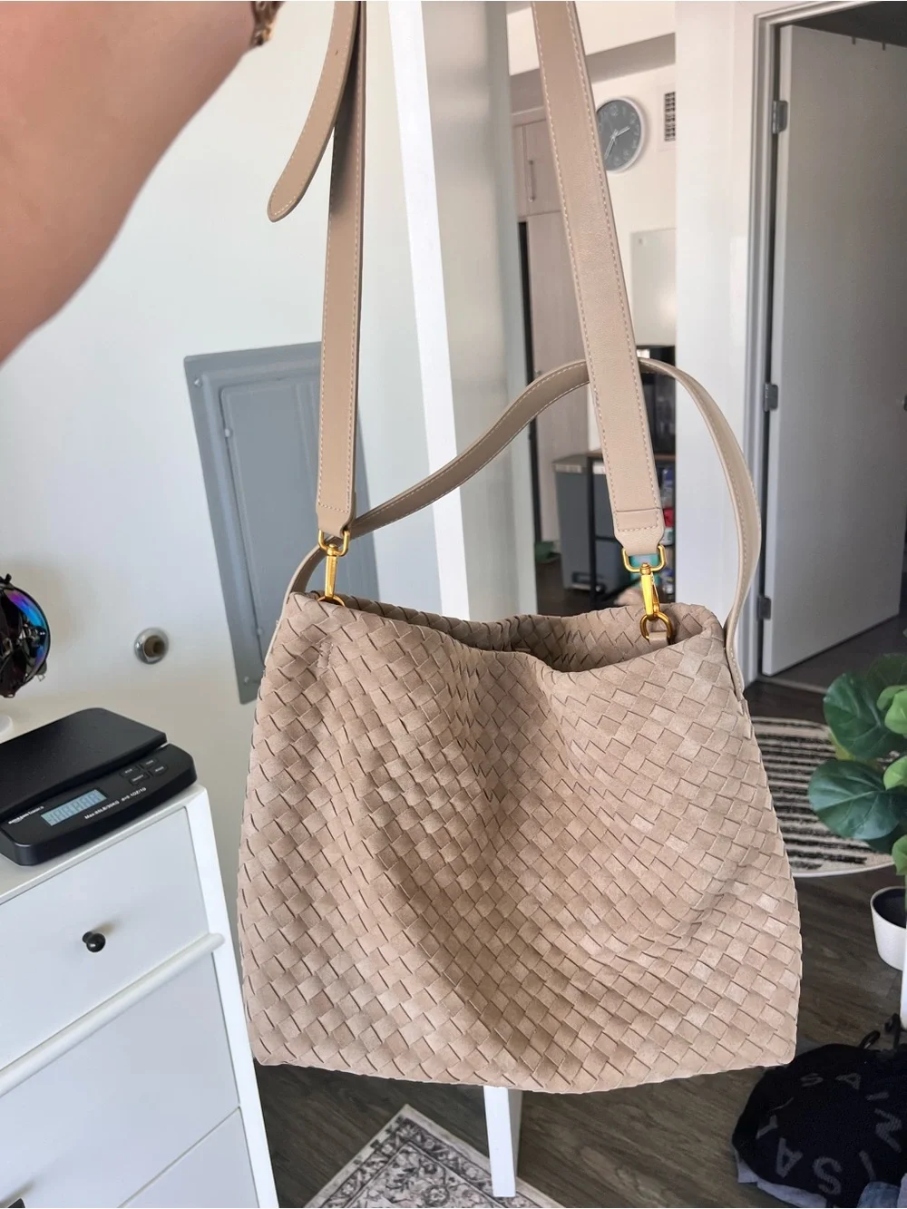Quilted Faux Leather Shoulder/Crossbody Bag Taupe Size Large